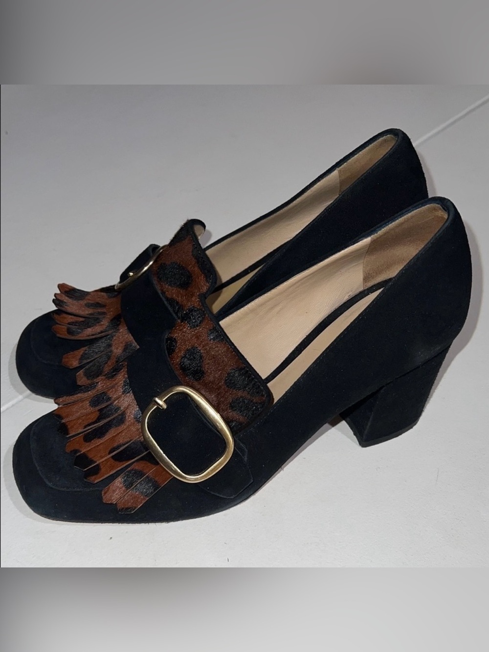 M. Gemi Lettura Block Heel buckled Fringe Loafer size 37 made in Italy leopard
